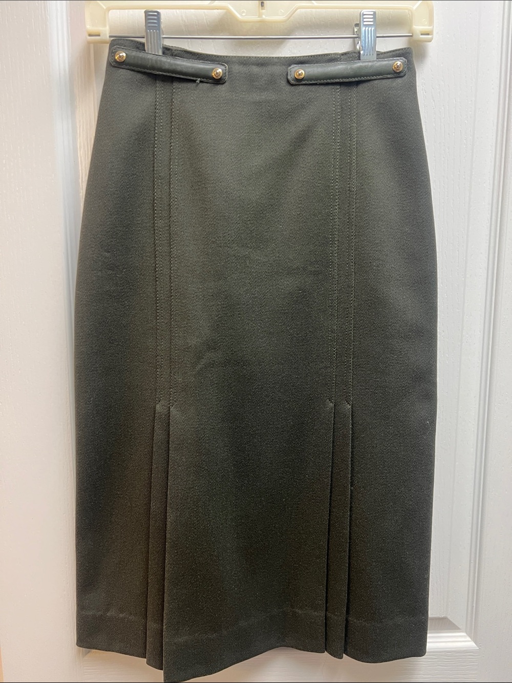 Paco Rabanne Olive Green Pencil Skirt with Gold-Tone Buttons